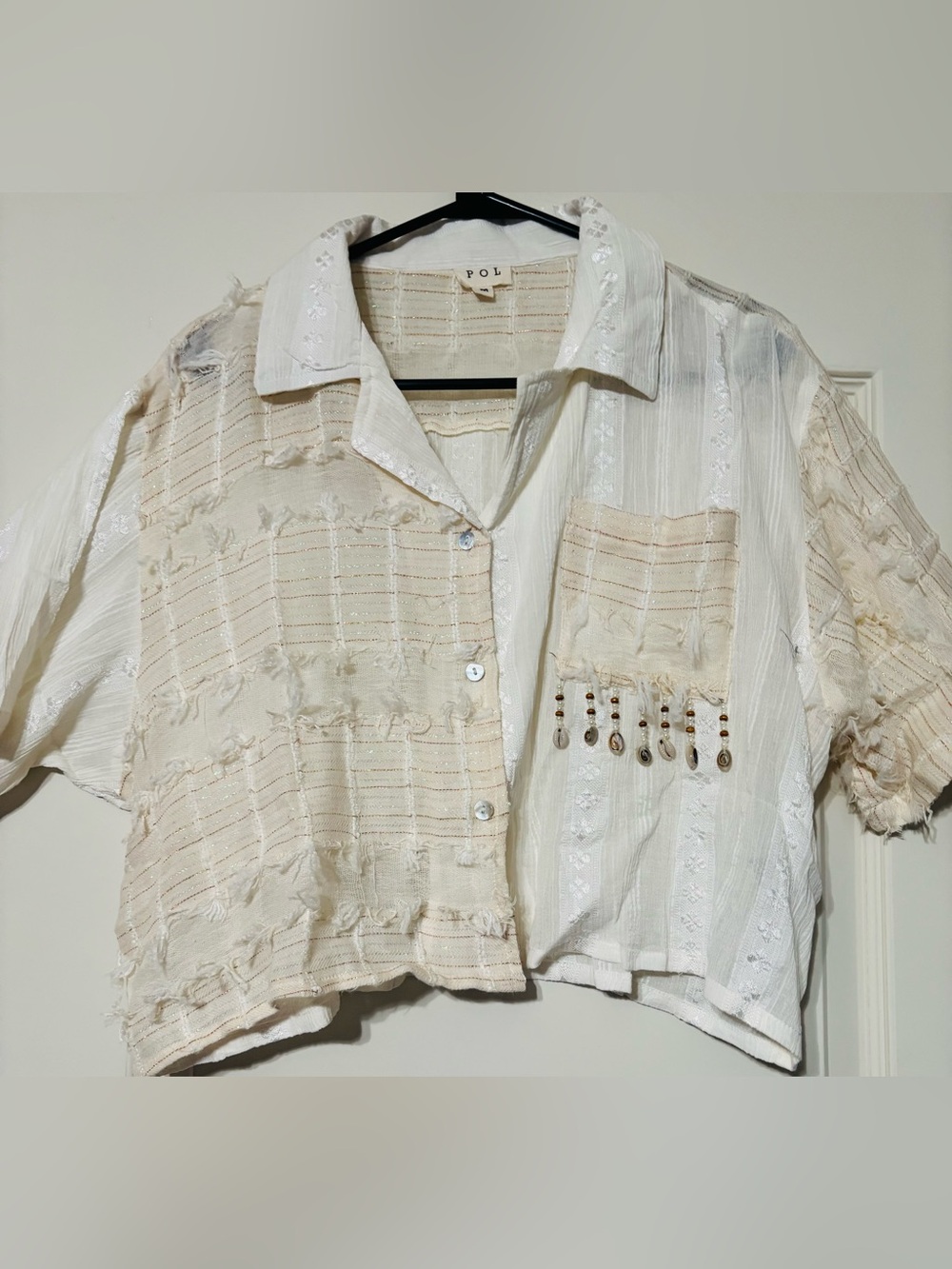 POL Women's Short Sleeve Patchwork Crop Top in Cream and White